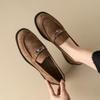 Mocassins estilo retrô francês bico redondo salto baixo forrados com lã de coelho quente 2023 Inverno sapatos confortáveis com fecho de metal