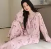 Atacado 190g algodão dupla camada sensação de nuvem pijama feminino, novo cardigã pullover de outono, conjunto de roupa de casa com calça longa e manga longa
