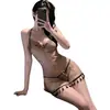 Lingerie sexy com gola halter, tentação transparente, faixa na cintura sem costas, estilo desejo puro, vestido com franjas de amarração, camisola com fenda para mulheres