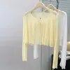 Nuevo cárdigan corto estilo francés con mangas largas rizadas, cobertura fina protectora del sol con tiras y lazo para mujer