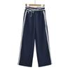 Novo Outono Calça Larga de Renda com Borda Listrada Azul Escuro Solta de Cintura Alta Confortável Esportiva Casual Feminina