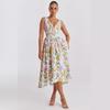 2026 Novo Estilo de Verão para Exportação Elegante Decote em V Cintura Marcada Ajustado Sem Mangas Floral Vestido de Feriado Vestido de Comprimento Médio