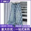 Jeans Estampado de Cruz para Mulheres, Moda Transfronteiriça, Estilo Novo Tendência de Verão, Calças Versáteis de Cintura Média Largas para Homens