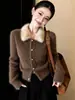 Suéter de Punto con Cuello de Piel Estilo Francés para Mujer, Cárdigan de Punto de Invierno, Top de Fuego, Abrigo Corto de Felpa