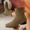 Botas Femininas de Cano Curto com Salto Bloco, Bico Quadrado Francês, Camurça Marrom Vintage, Aumento de Altura de 8cm, com Zíper nas Costas