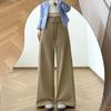 Calça Jeans Design Cáqui para Mulheres 2026 Primavera Novo Estilo Coreano Cordão Cintura Alta Perna Reta Casual Perna Larga