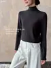 32075# Lujosa Camiseta Térmica de Lana Acanalada Base de Forro Polar Alemán Cuello Medio Alto Sencilla Cálida de Manga Larga Versátil para Mujer