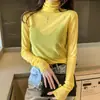 2023 Nuevo Otoño e Invierno Camiseta Básica de Malla Transparente de Cuello Alto de una Sola Capa de Manga Larga para Mujer con Top de Camiseta Pulóver Delgado