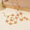 Set de Cuatro Piezas de Trébol de Cuatro Hojas de Doble Cara Más Vendido Transfronterizo: Collar, Aretes, Pulsera, Anillo, Conjunto de Joyería Versátil y Elegante de Cinco Hojas