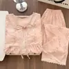 Pijama Estilo Princesa para Mulheres, Primavera/Outono, Bojos Finos Embutidos, Renda de Algodão Nuvem, Conjunto de Roupa de Casa com Blusa de Manga Longa e Calça Longa