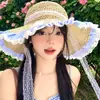 Sombrero de Paja con Cinta de Encaje a Cuadros para Mujer, Sombrero de Sol de Verano para Playa y Vacaciones en la Costa, Sombrero de Sol con Ala Ancha para Protección Solar