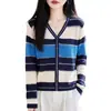 Cárdigan de punto a rayas de color block de alta gama con cuello en V para mujer, de manga larga, de hilo fino, ligero, corte holgado, cálido y cómodo