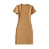 Verão novo moda feminina europeia e americana cor sólida garota popular gola pêssego justa manga curta vestido saia curta S15259