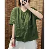 Outono Verão Artístico Retrô Estilo Simples Algodão Linho Manga Curta Camisa Top Novo Design de Bolso Cardigã Solto Emagrecedor Feminino