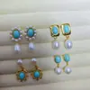 Pendientes de Imitación de Turquesa y Perla de Agua Dulce Natural Estilo Europeo y Americano Transfronterizos con Incrustaciones de Circonita y Diamante, Pendientes de Lujo de Gama Alta al por Mayor