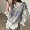 Chaleco de punto a cuadros retro de cuello en V para otoño e invierno, estilo coreano Ins, chaleco de punto para llevar en capas, base holgada para mujer