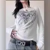 Ropa de Mujer de Manga Larga Ajustada Y2K Estampado Retro Nuevo Transfronterizo Europeo y Americano Cuello Redondo con Pedrería