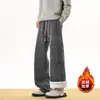 Calça de Moletom com Forro de Fleece Chenille Masculina de Inverno Espessa Quente Calças Retas Largas Casuais Calças Estilo Scimitar Americano