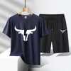 Roupa Esportiva Casual da Moda Masculina Secagem Rápida Tamanho Grande Conjunto de Duas Peças Verão Seda de Gelo Camiseta Shorts Venda Direta da Fábrica