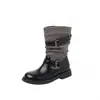 Botas Martin com Fivela Color Block Estilo Blogger 2026 Salto Baixo Robusto Camurça Patchwork Bico Redondo Cano Curto Tamanho 40-42 Tamanho Grande