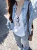Chaqueta Camisa Cuadros Azul Retro Americana para Mujer Verano 2025 Nueva Holgada Versátil Camisa Top Chic