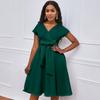 Amazon Estación Independiente Verano Cuello V Color Puro Lazo Cintura Europeo y Americano Falda Vestido Grande Acampanado Vestido Transfronterizo