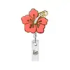 Porta-crachá de acrílico com glitter de flor de hibisco colorida, carretel retrátil para crachá, clipe de jacaré, fivela de puxar fácil, presente
