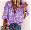# Amazon Comercio Exterior de Moda Verano Ropa Europea y Americana para Mujer Cuello Alto Holgada Botones Estampado Retro Camisa Casual