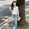 Conjunto de Chaleco y Pantalón de Pierna Ancha Estilo Universitario para Niñas Primavera y Otoño Conjunto de Dos Piezas con Estrellas Bordadas Ropa Casual para Niños Mayores