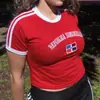 Top Corto de Verano para Mujer de Manga Corta con Bordado de Letras de Bandera Versátil Ajustado Camiseta de Manga Corta Mundial Ins