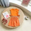 Conjunto de Verão para Meninas de Comércio Exterior 2026 Estilo Coreano Fresco e Fofo Blusa com Manga Bufante Calça Wide Leg Sete Peças Conjunto de Duas Peças