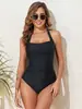 Maiô Peça Única Europeu e Americano Cruzado no Pescoço Quadrado com Babados Escondendo a Barriga Modelador Conservador Tankini Roupa de Banho para Viagem Férias