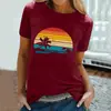 Top de Manga Corta para Mujer con Estampado Retro de Playa 2025 Europeo y Americano Camiseta Suelta Estampada de Comercio Exterior