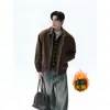 Chaqueta de Algodón con Cuello Vuelta, Diseño Retro Americano a Cuadros, Parches, Falso Dos Piezas para Hombre, Abrigo de Algodón Melange Holgado para Invierno, Tendencia