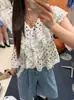 Camisa Elegante de Renda com Bolinhas e Decote em V Coreana Dongdaemun Doce e Versátil Top Moda Feminina Nova