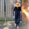 Traje de Lino Azul Oscuro para Mujer Verano Delgado Recto Nueve Puntos Pantalones de Pierna Ancha Tencel Imitación Jeans Pantalones Estilo Japonés