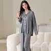 En stock algodón puro reversible raya 40 hilos 200g manga larga pantalón largo conjunto de pijama para mujer ropa de casa de dos piezas se puede usar para salir