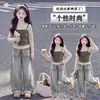 Roupa de Outono para Meninas Estilo Coreano Roupas Infantis 2026 Novo Estilo Crianças de Tamanho Médio e Grande Conjunto de Suspensório Falso Duas Peças Calça Jeans com Babados Conjunto de Duas Peças