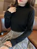 Camisa feminina de veludo com gola alta e manga comprida, dupla face, outono e inverno, escovada, quente, slim fit, top versátil para mulheres