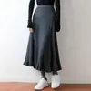 Falda Midi de Punto de Lana Pura Nueva para Otoño/Invierno 2026 para Mujer, Color Sólido, Canalé, Volante, Cintura Alta, Corte A