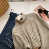 Camiseta de Manga Larga Rayada de Cuello Alto Engrosada de Piel de Conejo Sintética para Mujer, Camiseta Básica Suave y Cálida Versátil de Invierno, En Stock para Transmisión en Vivo