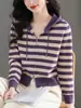 Suéter de punto para mujer, nueva colección primavera/otoño 2026, moderno y rejuvenecedor, corto, con capucha, cárdigan a rayas, corte holgado, chaqueta suéter con cremallera