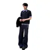 Camisa polo retro americana de dos piezas falsas para hombre, camisa de manga corta estampada estilo universitario de verano, camiseta de corte limpio con hombros normales