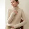 Suéter de Gola Alta Meia-Calça em Tricô de Caxemira Tricô Grosso Feminino Solto Casual Camisa Básica Tricotada em Lã