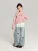 Pantalones para Niña Pudding Haru con Bordado de Lazo, Jeans Gruesos Forrados de Felpa para Niña, Pantalones Rectos Dulces y Modernos
