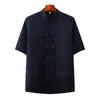Vestido Tang de Verão para Homens de Meia-idade e Idosos Manga Curta Estilo Chinês Bordado Roupa de Pai Camisa