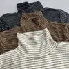 Suéter de Gola Alta Listrado Retrô com Pele de Coelho Sintética para Mulheres, Camisa Básica Versátil de Manga Longa Emagrecedora, Top Quente para Outono e Inverno, Casual