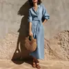 Outono/Inverno 2026 Estação Independente Europeia e Americana Estilo Casual de Férias Camisa com Amarração na Cintura Vestido de Manga Longa de Algodão e Linho para Mulheres