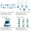 Platos de papel desechables, vasos, servilletas, guirnalda, mantel de espiral y artículos decorativos con tema de playa de verano en azul y blanco con conchas y corales