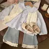 Camisa xadrez azul com gola bordada de margaridas de bebê, fresca para a primavera, top infantil para meninas